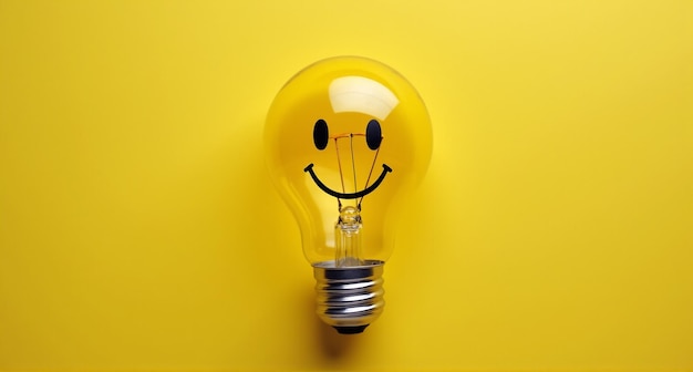 a yellow light bulb with a smiley face on it