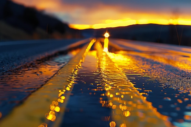 a yellow light is reflecting off of a wet road