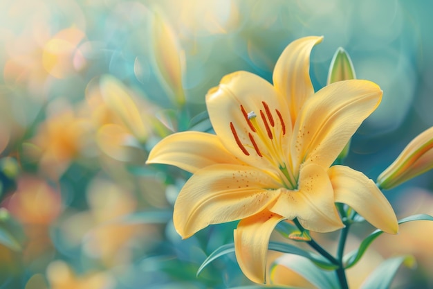 Yellow lily with delicate white flowers in garden