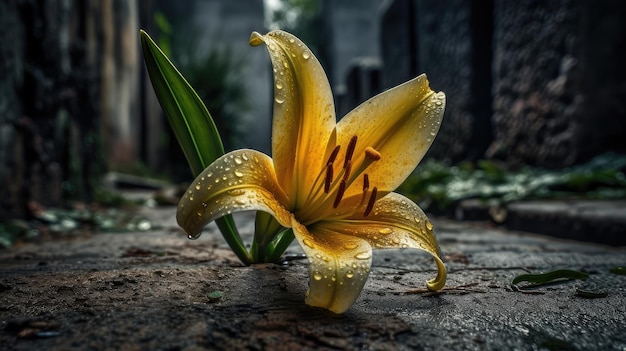 A yellow lily with water drops on it