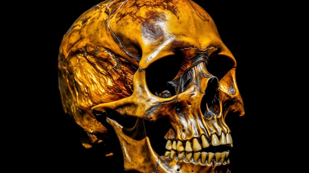 yellow lit skull on a black background