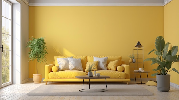 A yellow living room with a yellow couch and a plant on the wall.