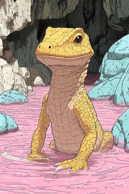 Yellow Lizard in Pink Cave Water