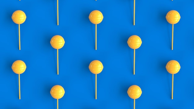 Yellow lollypop candy grid on blue background 3d rendering 3d illustration