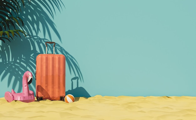 Yellow luggage display on yellow sand summer days travel banner design mockup with pink duck ball