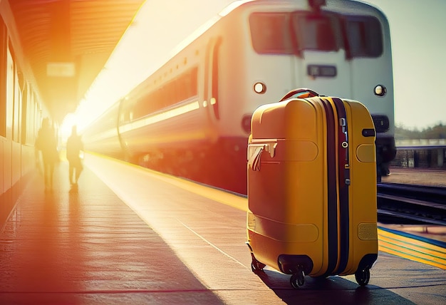 Yellow luggage at a railway station in front of a train made with Generative AI