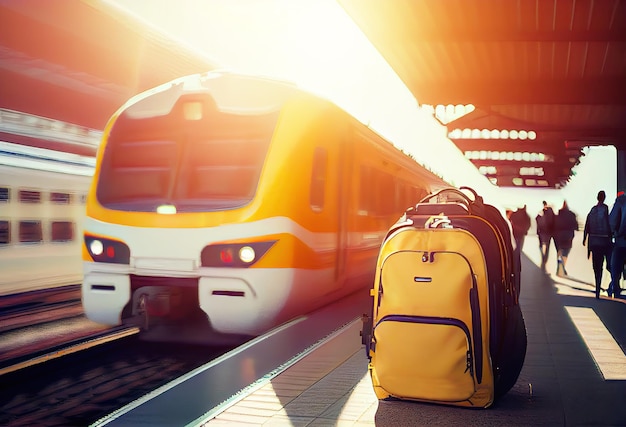 Yellow luggage at a railway station in front of a train made with Generative AI