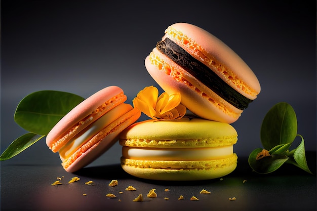 A yellow macaroon with a black background and a yellow flower on the top.