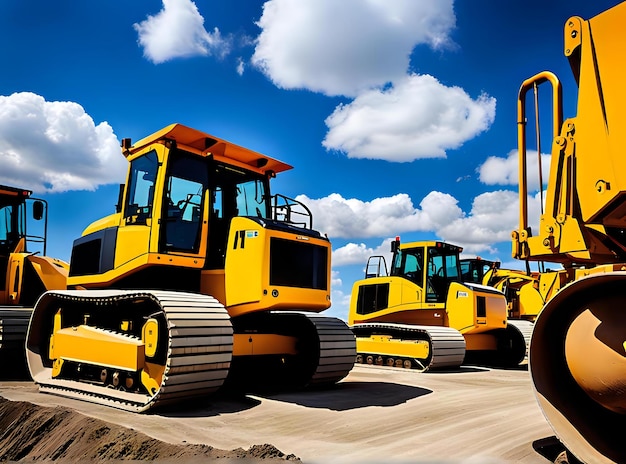 Photo yellow machinery and equipment on a site against cloudless blue sky