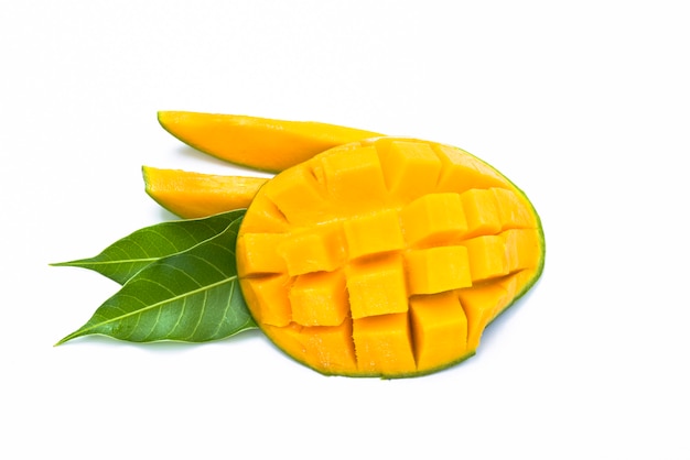 Yellow mango slice cut to cube with leaf isolated