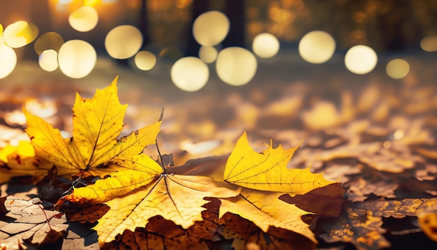 Yellow maple leaves on the ground with a bokeh effect defocused background