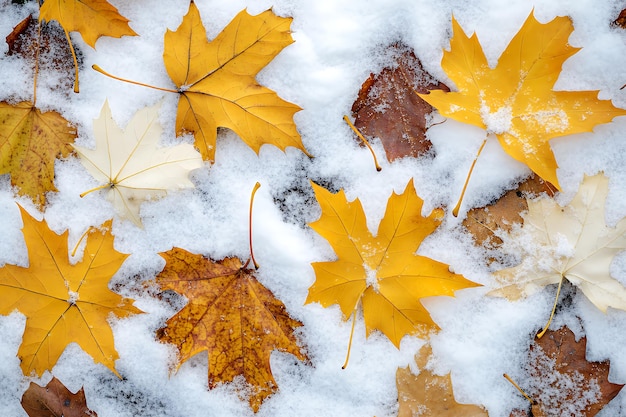 Yellow maple leaves lie on the snow