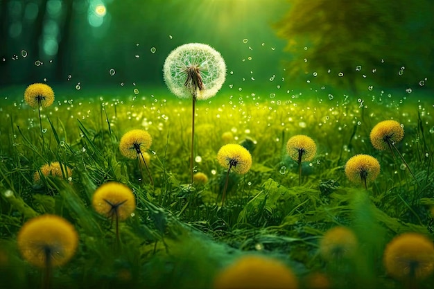 Yellow meadow with flying white dandelion with seeds in nature generative ai