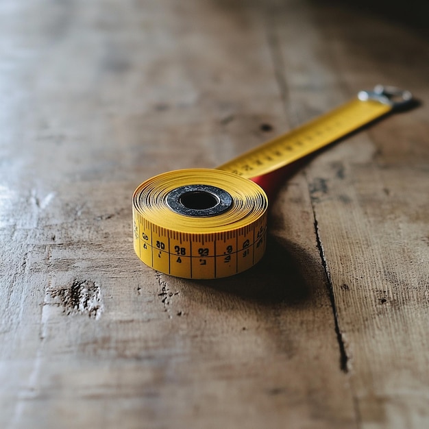 Photo a yellow measuring tape laying on a wooden surface with a measuring tape around it