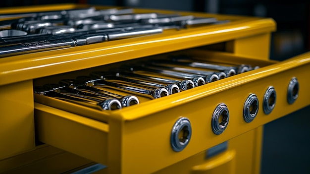 a yellow metal drawer with many screws and bolts