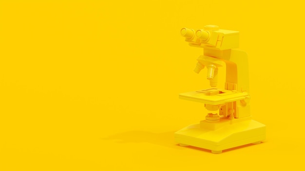 Yellow microscope on yellow background Space for banner and logo Minimal idea concept 3D Render