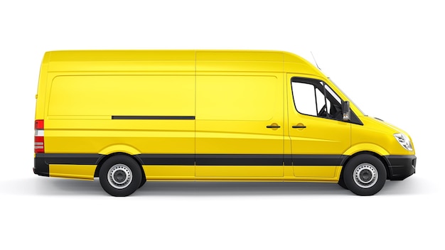 Yellow midsize commercial van on a white background A blank body for applying your design inscriptions and logos 3d illustration