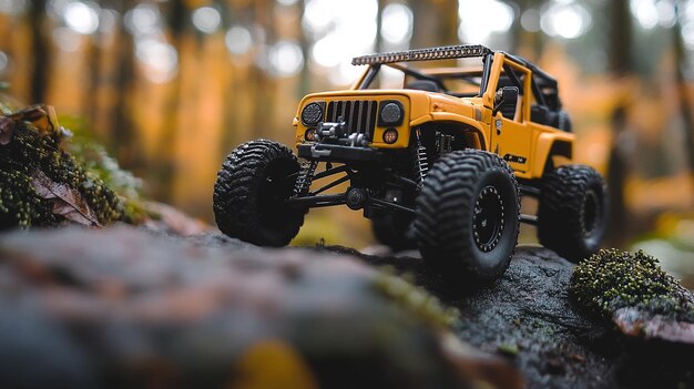 Photo a yellow monster truck is on the ground in the forest