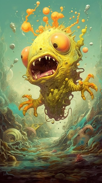 A yellow monster with a green head and red eyes is surrounded by water.