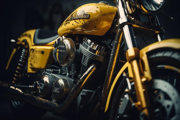 A yellow motorcycle with the word harley on the front.