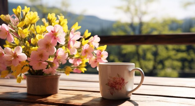 a yellow mug filled with pink flowers on a wooden table i