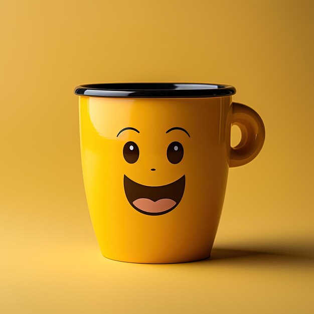 a yellow mug with a smiley face on it