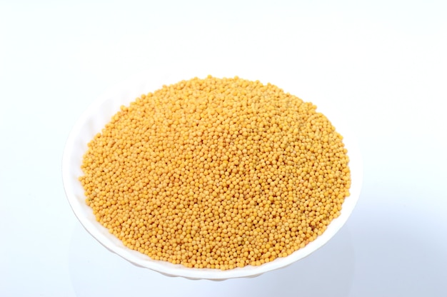 Yellow mustard seeds in plate isolated on white background