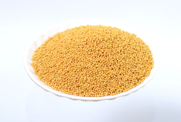 Yellow mustard seeds in plate isolated