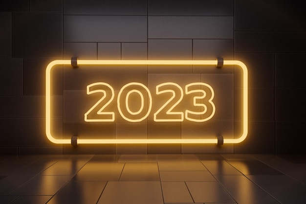 Yellow neon sign 2023 on a background with metal sheets in the style of sci fi