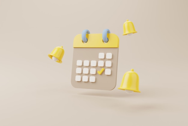 Yellow notification bell ringing and calendar deadline on brown background. 3d rendering illustration