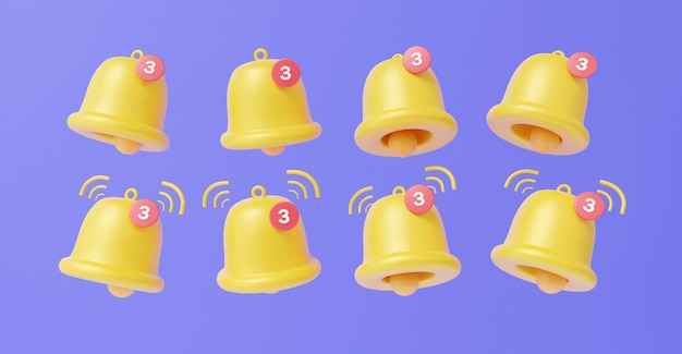 Yellow notification bell set icon on purple background attention newsletter ringing symbol social media reminder appointment concept cartoon minimal cute smooth 3d render illustration