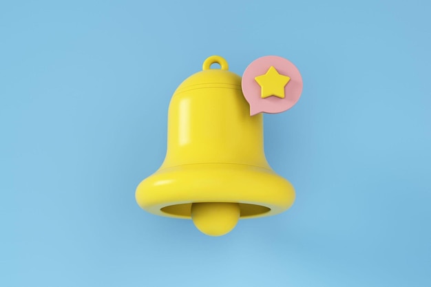 Photo yellow notification bell and star shape on blue background