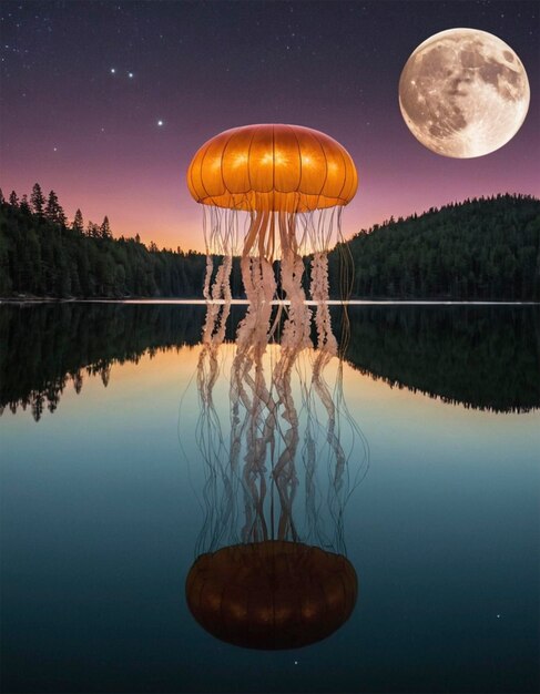 Photo a yellow octopus is floating in the water with a full moon in the background