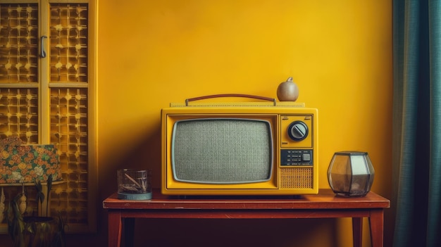 a yellow old radio with a pot on the table