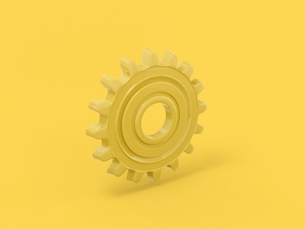 Photo yellow one color cog on yellow flat background. minimalistic design object. 3d rendering icon ui ux interface element.