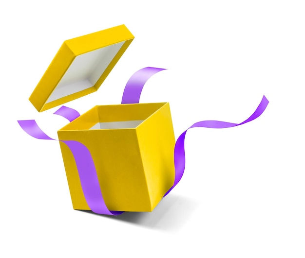 Yellow open gift box with purple ribbon isolated on white