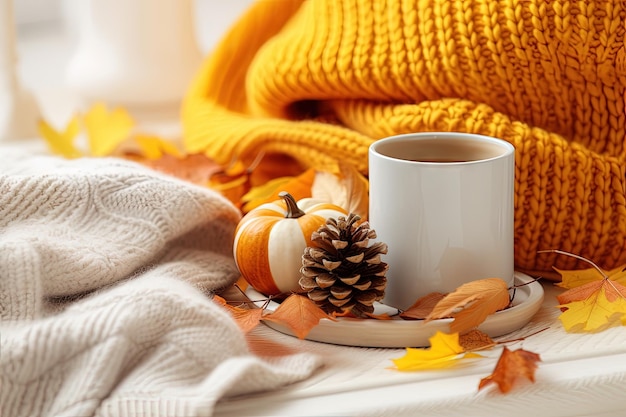 Yellow orange autumn still life white knitted plaid leaves empty podium yellow leaf frame yellow mug