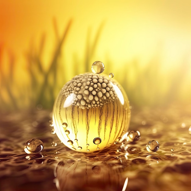 A yellow and orange background with a water droplet on the ground.