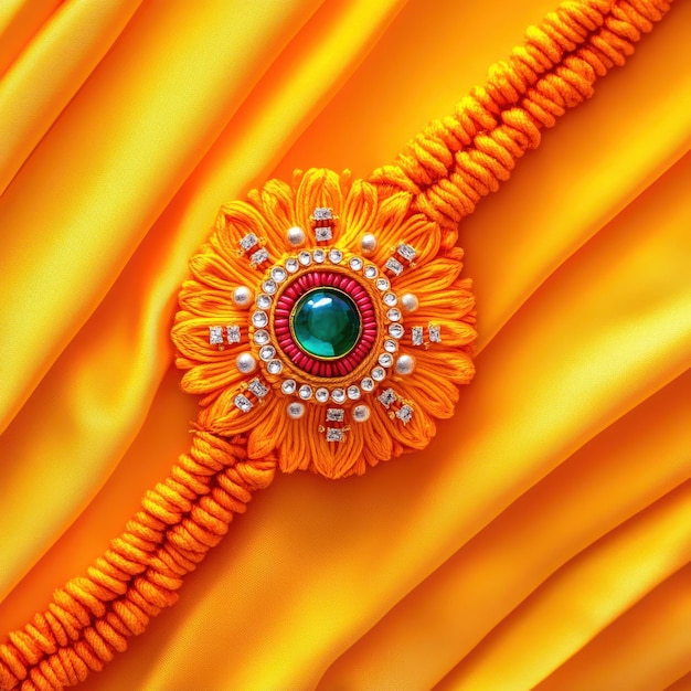 a yellow and orange diamond brooch is on a yellow fabric