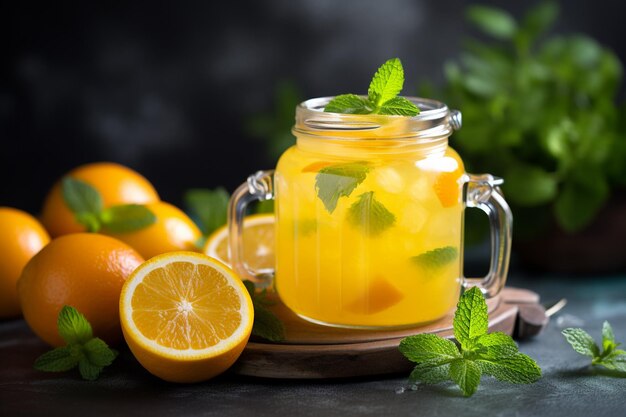 Yellow orange juice in a glass jar with mint leaves