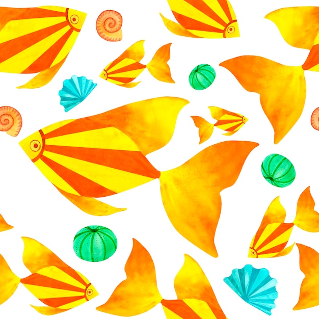 Yellow and Orange sea fish Marine underwater seamless pattern watercolor art in ocean kids style for decorating children room package scrapbook school nursery invitation print postcard