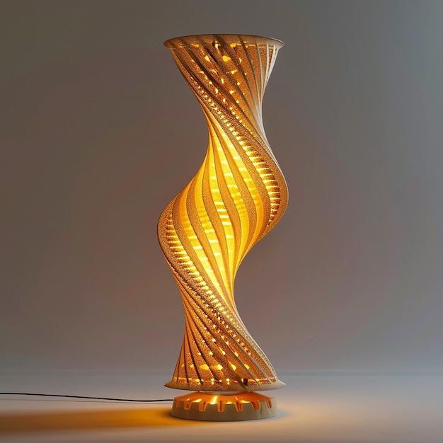 a yellow and orange vase with a light on it