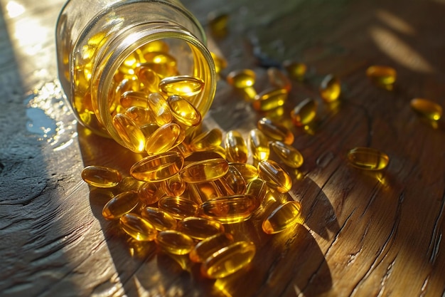 Yellow oval pills capsules of vitamin omega 3