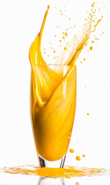 Yellow paint splashing into the glass Color liquid splash at white backdrop Generative AI