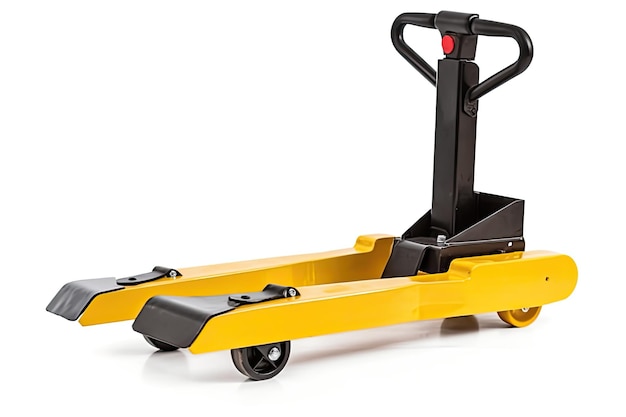 A yellow pallet jack with a black handle on a white background