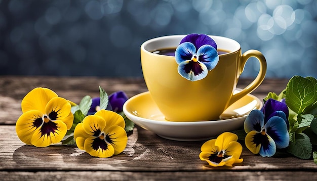 Yellow pansy flowers in blue cup on wooden table