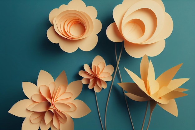 Yellow paper cut flowers on blue background Paper bouquet