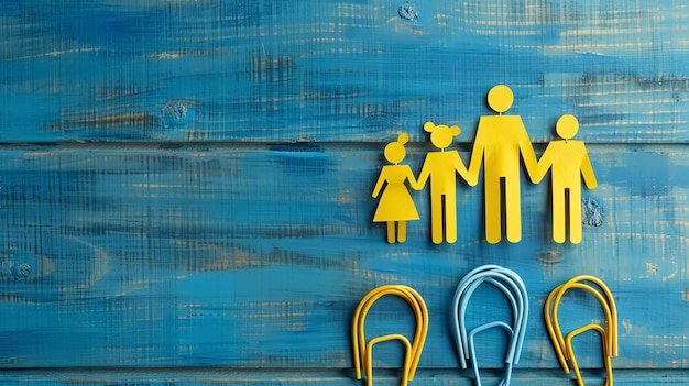 Yellow paper cutouts of a family standing on a blue wooden background