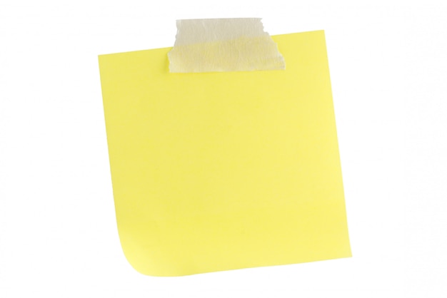 Yellow paper note with sticky tape isolated on white 