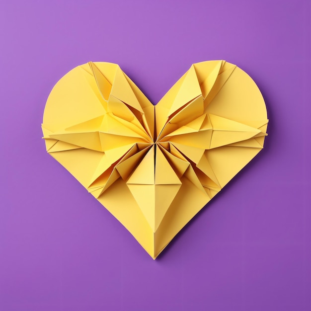 Yellow Paper origami heart on purple background